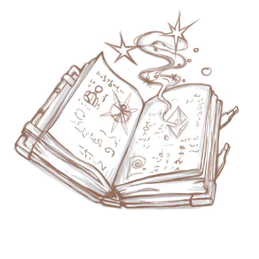 Hand-drawn open codex alive with symbols
