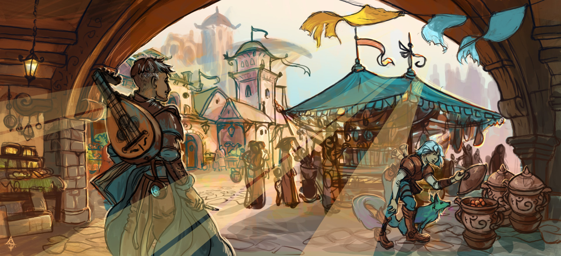 Hand-drawn Akasha Codex market beneath a stone arch